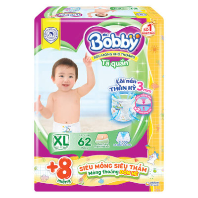 Tặng thêm 8 miếng | Tã Quần Bobby XL62 Miếng 12 Đến 17 Kg - Bỉm Quần Trẻ Em Bobby Size XL62
