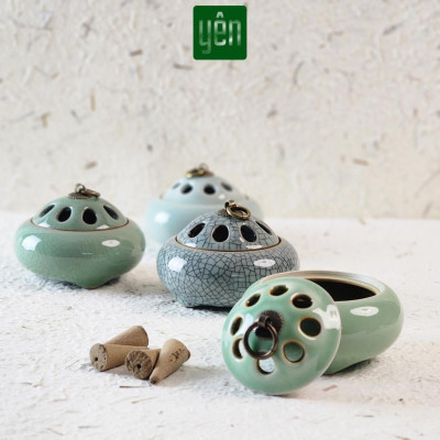Lư Xông Nụ Trầm Gốm Sứ Nắp Đồng Hoa Văn - Dùng Đốt Nụ Trầm, Nụ Thảo Mộc Thuần Việt
