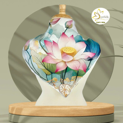 Khăn Lụa in Độc Bản Sen Mặt Trời 65x65cm - Mulberry Silk Gift - Square Towel 65x65 - Quà Tặng Lụa Cao Cấp