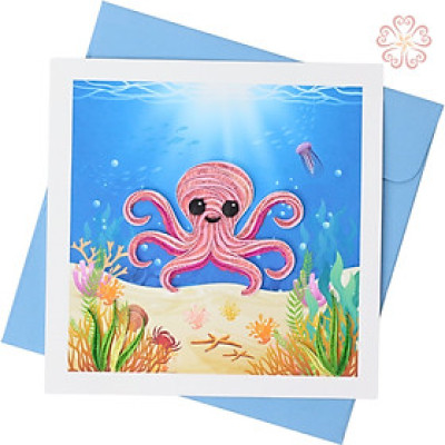 Thiệp Giấy Xoắn Nghệ Thuật - chú bạch tuột - size 15x15cm