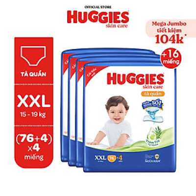 Combo 4 Tã/bỉm quần Huggies Skin Care Mega Jumbo M106/L96+8/ XL84+4/XXL76+4 với tràm trà dịu da