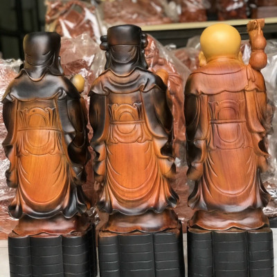 Bộ tượng phật tam đa phúc lộc thọ bằng gỗ hương đá tô làm mầu giả cổ kt 50×17×15cm