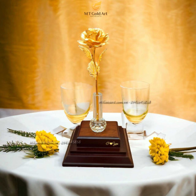 Bông hoa hồng dát vàng 25cm (L4) MT Gold Art- Hàng chính hãng, trang trí nhà cửa, phòng làm việc, quà tặng sếp, đối tác, khách hàng, tân gia, khai trương 