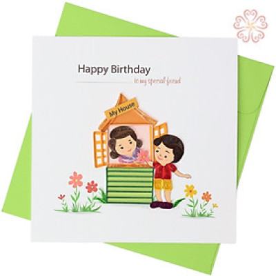 Thiệp mừng sinh nhật giấy xoắn - 2 người bạn nhỏ - size 15x15cm