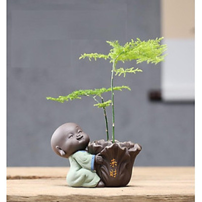 Tượng chú tiểu ôm cải thảo Vạn Sự May Mắn - trồng cây, cắm hoa & trang trí