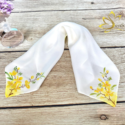 Khăn Lụa Thắt Nơ Cổ Vẽ Tay Mai Vàng SenSilk 55x55cm, Lụa Tơ Tằm Bảo Lộc Thời Trang - Phụ Kiện Lụa Cao Cấp