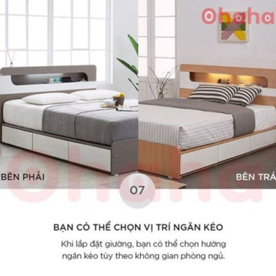 [ Kèm Ảnh Thực Tế - Miễn phí vận chuyển & Lắp đặt ] Giường ngủ gỗ cao cấp kèm đèn LED Ohaha - Vàng gỗ/Trắng - OH011