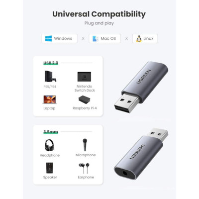 Ugreen UG80864CM383TK Chipset ALC4030 TRRS Màu Xám Cáp chuyển đổi USB 2.0 sang 3.5mm hổ trợ Mic - HÀNG CHÍNH HÃNG