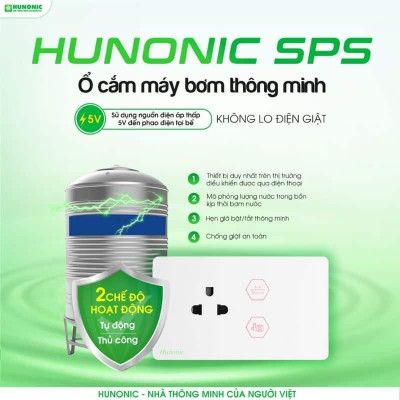 Ổ Cắm Chống Giật Hunonic SPS Bật tắt Máy Bơm, quản lý, mô phỏng lượng nước trên điện thoại