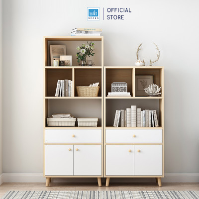 Kệ Sách Gỗ Đứng Nhiều Ngăn Hiện Đại Màu Trắng Phối Vân Gỗ Sồi Thương Hiệu SIB Decor KSG39