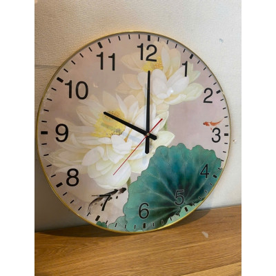 (CÓ ẢNH THẬT)Tranh đồng hồ tròn hoa sen trắng bo viền vàng mặt mica sáng bóng kèm pin và đinh treo