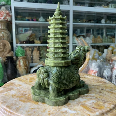 Cụ Long Quy (Rùa Đầu Rồng) Cõng Tháp Văn Xương Đá Ngọc Ấn Độ - cao 22cm