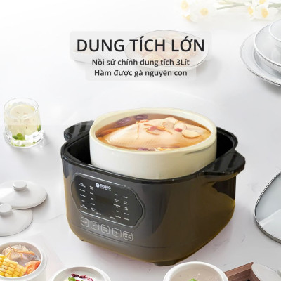 Nồi nấu chậm lòng sứ 3L Mishio MK397 kèm xửng hấp và 4 thố sứ tiện lợi không lo cháy khét hay bong tróc chống dính - Hàng chính hãng