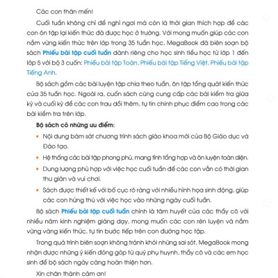 Combo Phiếu Bài Tập Cuối Tuần Toán + Tiếng Việt + Tiếng Anh Lớp 1 (35 Tuần Học) (Bộ 3 Cuốn) - MEGA