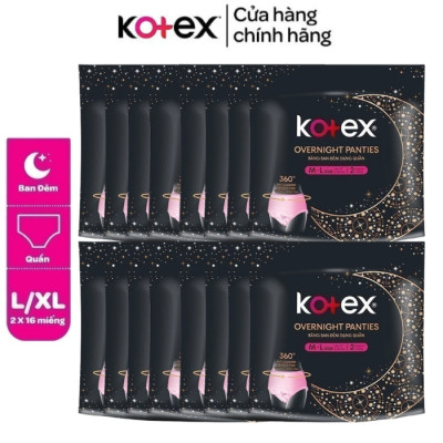 (Thùng 16 gói) Băng vệ sinh Kotex ban đêm dạng quần cỡ M/L và L/XL 2 quần/1 gói