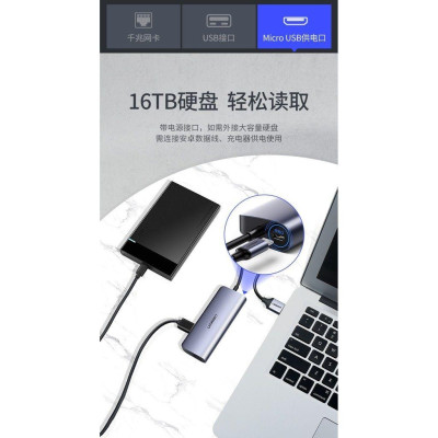 Ugreen 60719 hub USB 3.0 ra 3*USB 3.0 + 10/100/1000 gigabit lan màu xám chất liệu nhôm cổng nguồn micro Ugreen CM252 - Hàng Chính Hãng