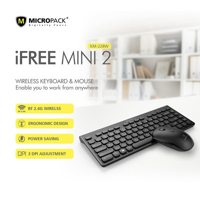 Bộ Bàn Phím Kèm Chuột Không Dây MicroPack iFREE MINI 2 KM-228W Gọn Nhẹ Tiết Kiệm Điện Thời Gian Chờ Đến 277 Ngày Hàng Chính Hãng