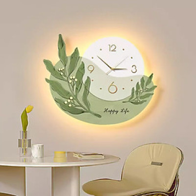 Tranh đồng hồ đèn led tráng gương treo tường uv cao cấp lá xanh(Tặng 1 tấm decal hoa lá)