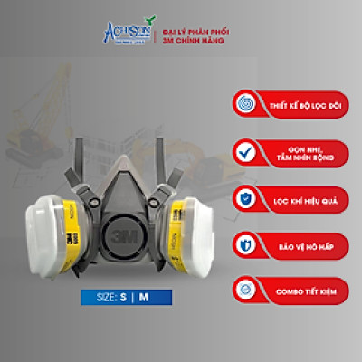 Bộ mặt nạ chống hóa chất, dùng phun thuốc trừ sâu - Mặt nạ nửa mặt 3M 6100/ 6200  kèm 2 phin lọc - Hàng chính hãng 100%