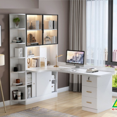 BÀN HỌC – BÀN LÀM VIỆC LIỀN KỆ GỖ MDF TỦ CÁNH KÍNH CÓ ĐÈN LED BLV402 - NỘI THẤT LẮP RÁP VIENDONGADV