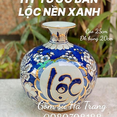 Bình hút tài lộc gốm sứ Bát Tràng cao cấp vẽ vàng 24k các hoạ tiết trên nền xanh cao 25cm