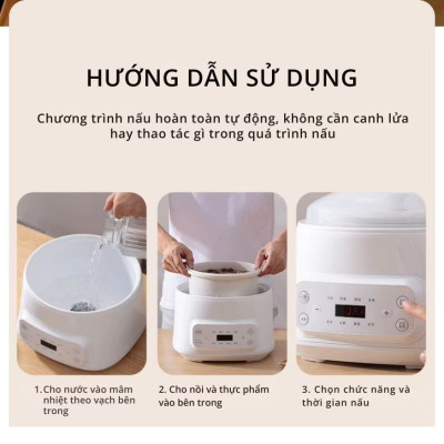 Nồi nấu chậm lòng sứ 3L Mishio MK397 kèm xửng hấp và 4 thố sứ tiện lợi không lo cháy khét hay bong tróc chống dính - Hàng chính hãng