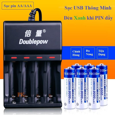 Combo Sạc Tự Ngắt Thông Minh UK83 Đổi Đèn Khi Sạc Đầy Kèm 8 Pin Doublepow 3200Mah Dung Lượng Chuẩn