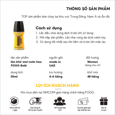 Lăn khử mùi hương nước hoa FOGG Bold 50ml, chính hãng dubai, dành cho nữ, dùng để lăn nách, giảm thiểu mùi cơ thể, lưu hương lâu 4-5 tiếng, khử mùi 48h, không kích ứng da, không thâm nách, không ố áo, Simcom