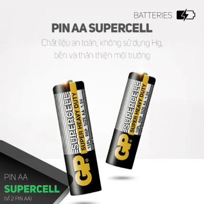 Pin đũa GP Supercell AAA 1.5V (2 viên),Pin AAA GP,Pin chuột máy tính,Pin điều hoà,Pin điều khiển quạt,Pin điều khiển tivi,Pin sử dụng cho các thiết bị nhỏ,Pin đồng hồ treo tường,Pin đồ chơi điện tử trẻ em
