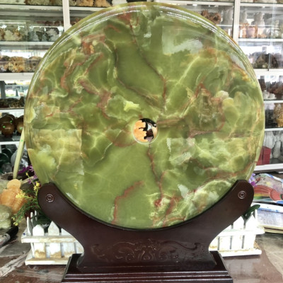 Đồng điếu (đồng tiền ) phong thủy đá ngọc Onyx xanh đậm  - Đường kính 40 cm