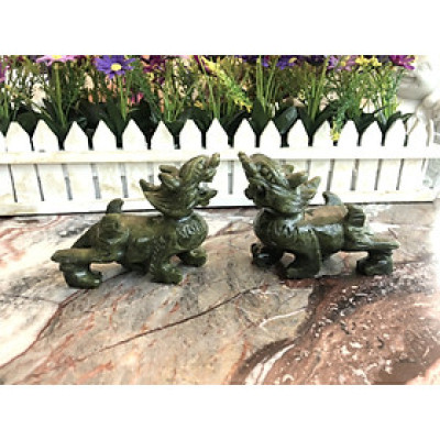 Cặp Tỳ Hưu phong thủy chiêu tài lộc đá ngọc Ấn Độ - Dài 10 cm