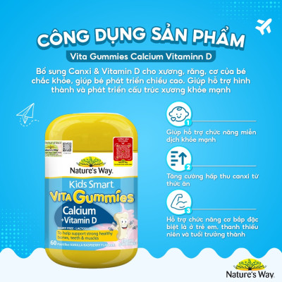 Canxi + Vitamin D cho trẻ 2-11 tuổi Gummies Calcium Vitamin D Nature