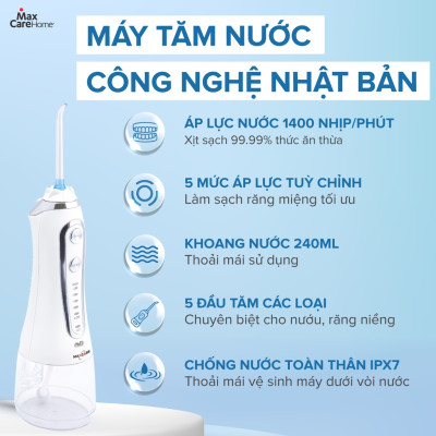 Máy tăm nước cầm tay vệ sinh răng miệng từ Nhật Bản chính hãng Maxcare Max456SE - khoang nước nhỏ gọn 240ml với túi chống sốc đi kèm, dễ mang mang đi, pin sạc dùng trong nửa tháng