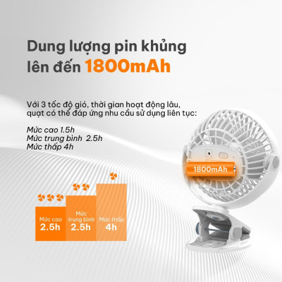 Quạt Sạc Tích Điện Mini Kẹp Bàn COMET CRF0705 5W Xoay 360 Độ pin Lithium 1800mAh hàng chính hãng