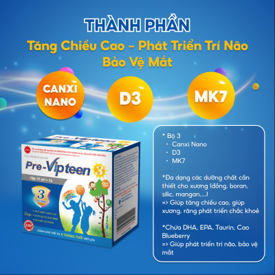 Cốm Bổ Sung Canxi Hỗ trợ Tăng Chiều Cao Pre-Vipteen 3 VINH GIA Dành Cho Trẻ Từ 6 Tháng Tuổi Hộp 20 Gói