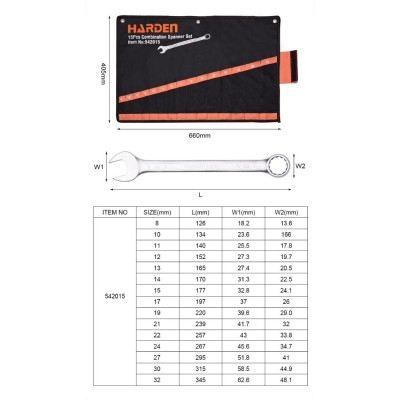Bộ Cờ Lê 2 Đầu 15 Món – Mạ Chrome Chống Gỉ – Kích Thước 8–32mm – Có Túi Treo