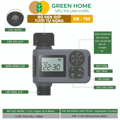 Bộ Hẹn Giờ Tưới Nước Tự Động Greenhome, Tropical TPC-T05, Chế Độ Tưới Thông Minh, Tiết Kiệm Nước