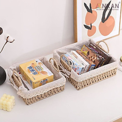 Giỏ Decor Hình Vuông Có Quai Xách – Đan Tay Thủ Công, Lót Vải Hoa Vintage, Trang Trí & Đựng Đồ Đa Năng