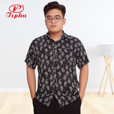 Áo sơ mi đại gia dáng rộng, vạt ngang, tay ngắn, họa tiết dân gian, chất vải siêu mát mẻ, big size 100kg