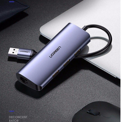 Ugreen 60719 hub USB 3.0 ra 3*USB 3.0 + 10/100/1000 gigabit lan màu xám chất liệu nhôm cổng nguồn micro Ugreen CM252 - Hàng Chính Hãng