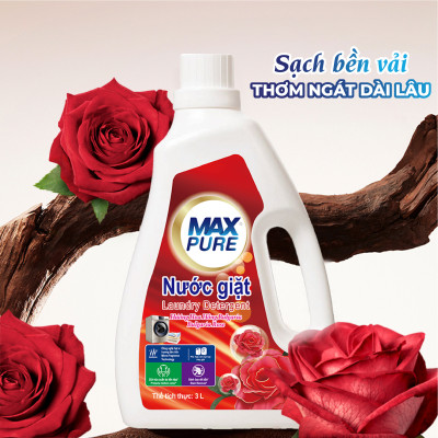 Chai nước giặt Maxpure Hương Hoa Hồng Bulgaria 3L - TẶNG 1 dây 10 gói nước xả hương CoCo