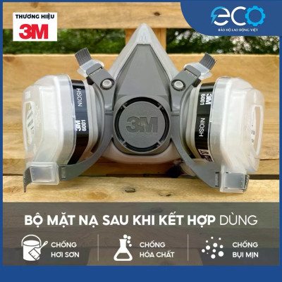 Mặt nạ phòng độc 3M 6100/ 6200 với phin lọc 6001 kết hợp tấm lọc bụi 5N11 cùng nắp giữ 501