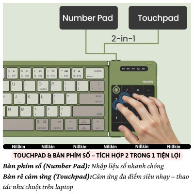 Bàn phím gấp gọn di động không dây bluetooth V5.2 tích hợp trackpad & phím số hiệu Nillkin Cube Pocket - Nhỏ gọn, mỏng nhẹ, phím tắt thông minh, hỗ trợ Androids & iOS, gõ thoải mái cho iPad cho iPhone, máy tính bảng, cho macbook, laptop - hàng nhập khẩu