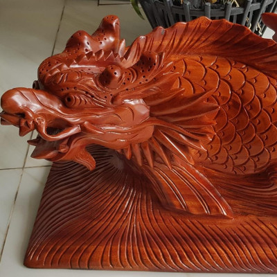 Tượng Phong Thủy Cá Chép Hóa Rồng Gỗ liền khối Dài 50cm x Cao 25cm x ngang 22cm Biểu tượng sự may mắn, thịnh vượng để phòng khách đem lại sự thành công sự nghiệp, tài lộc ạ