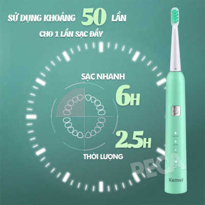 Bàn chải đánh răng điện KEMEI KM-713 công nghệ rung siêu âm 31000 lần/ phút điều chỉnh 6 chế độ đánh bay mảng bám sạch sâu gấp nhiêu lần so với bàn chải thủ công + Tặng kèm 5 đầu bàn chải thay thế - Hàng chính hãng