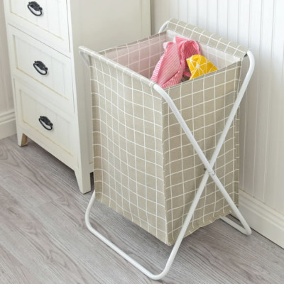 Giỏ sọt vải cỡ lớn đựng đồ giặt, quần áo bẩn có khung sắt xếp gọn sọc caro nhiều màu- Hàng chính hãng