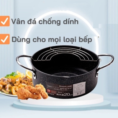 Nồi chiên/rán ngập dầu chống dính kèm khay ráo dầu có tay cầm 20cm Nhật Bản, sử dụng được trên mọi loại bếp từ, gas, hồng ngoại, Hàng chính hãng Model EmooJooKittchen