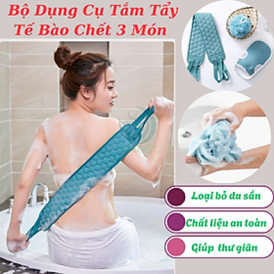 Bộ Dụng Cụ Tắm Tẩy Tế Bào Chết 3 Món – Sạch Sâu, Da Mịn Màng Set tắm tẩy da chết 3 món tiện lợi Combo găng tay – dây cọ lưng – bông tắm tạo bọt