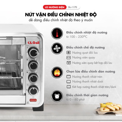 Lò nướng điện đa năng Gali GL-1170 dung tích lớn 70 lít, có đèn, xiên quay, quạt đối lưu, hàng chính hãng Gali bảo hành 24 tháng.