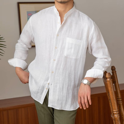 Áo sơ mi Linen dài tay nam cao cấp thiết kế cổ trụ phối cúc 1 túi ngực vải thoáng mát không bai gião MS05